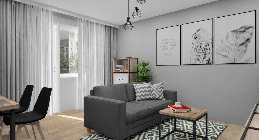 Mały salon z kuchnią: Projekt w stylu nowoczesno-industrialnym